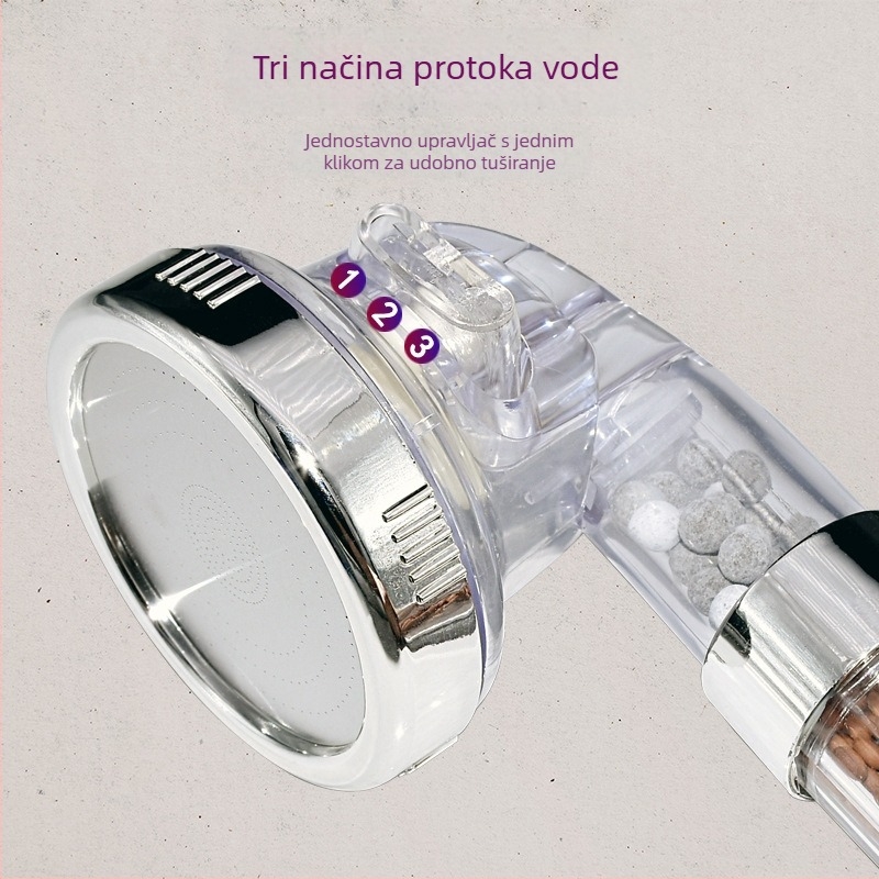 Prijenosna ručna tuš glava s negativnim ionima za dechloriranje i pročišćavanje vode, univerzalno spajanje s četiri točke, tri brzine podešavanja, prozirna mlaznica, model HS-066