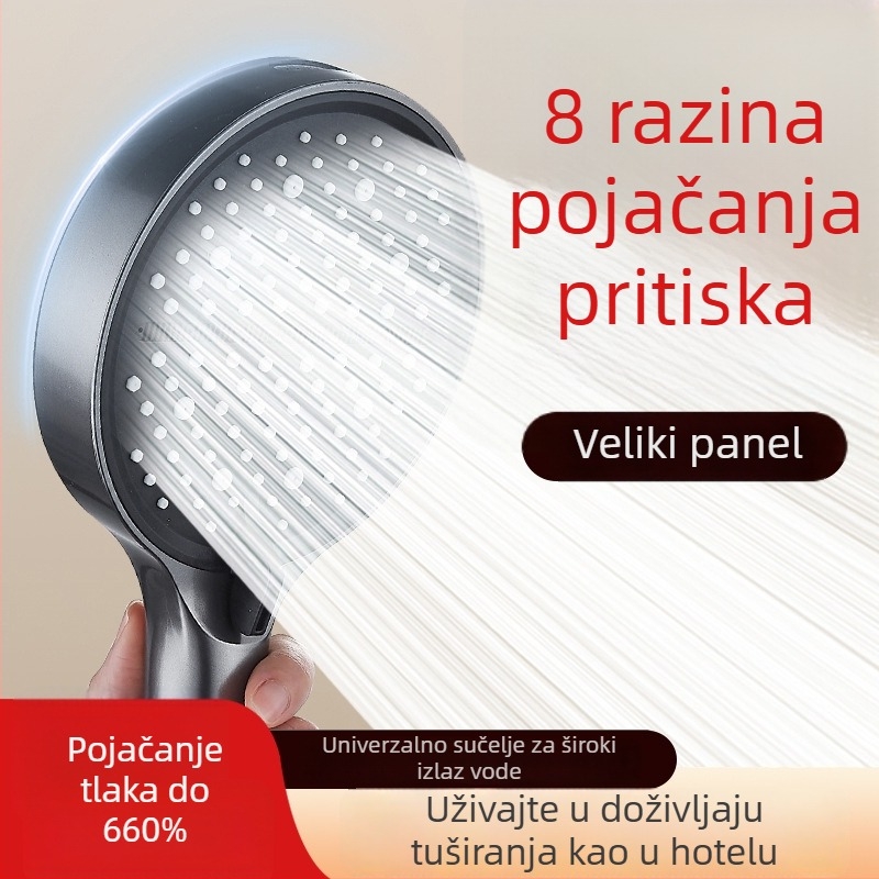 Tuš glava s 8 brzina, velika ploča, zidna montaža, ABS plast, elektroplirano završno