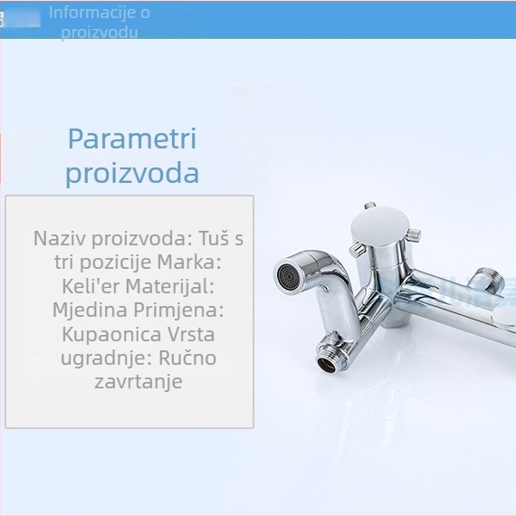 Tuš slavina od mesinga, tri funkcije, keramički kartridž, elektroplatinirani završni sloj, montaža vijcima