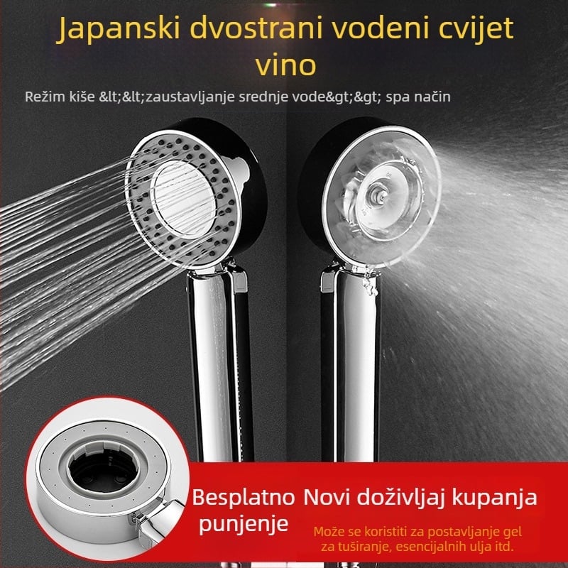 Dvostruka tuš glava za kupaonu s funkcijama raspršivanja, masaže i kiše; materijal ABS, kromirano, okrugli oblik, montaža s četiri točke
