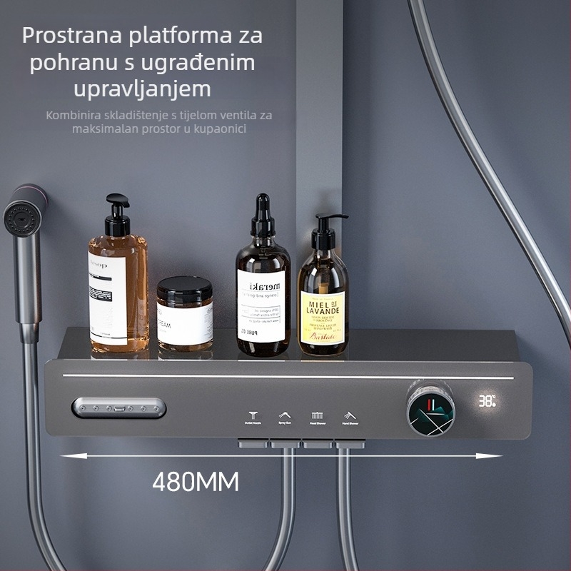 Međeni zidni kvadratni set za tuš s ručnim tušem, funkcije raspršivanje, masaža, mjehurići i kiša — moderni minimalistički stil