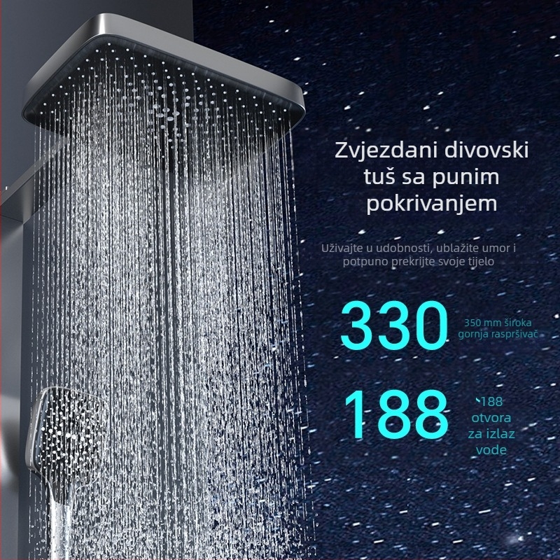 Međeni zidni kvadratni set za tuš s ručnim tušem, funkcije raspršivanje, masaža, mjehurići i kiša — moderni minimalistički stil