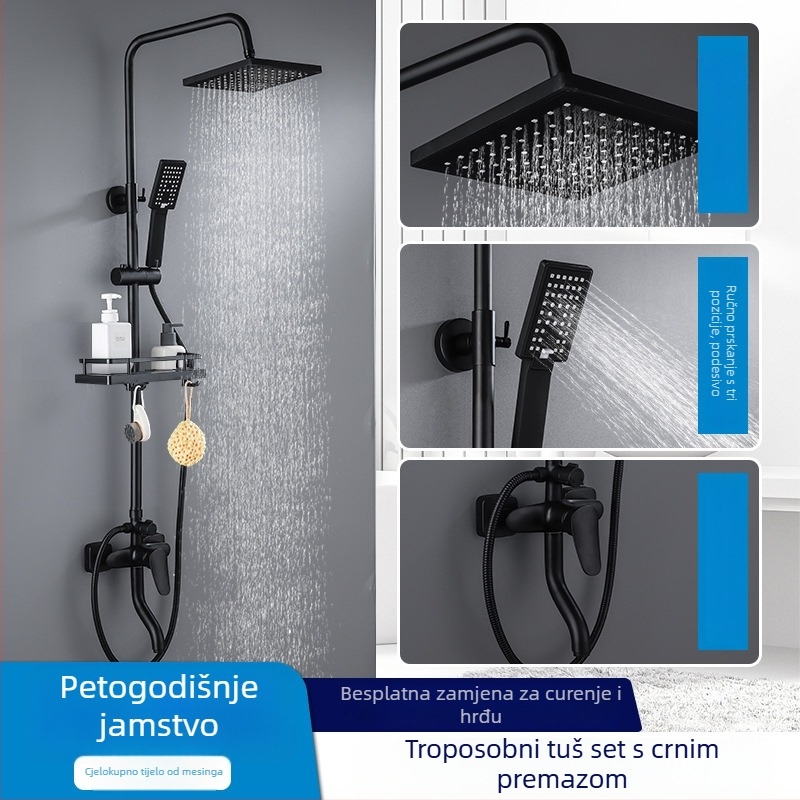 Bakreni tuš set s kišnom glavom, zidni, kvadratnog oblika, lagani luksuz stil, model 9034