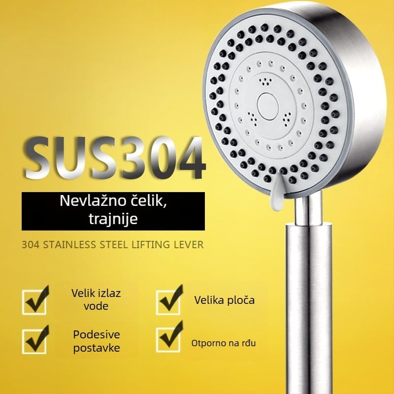 Prijenosna tuš glava od nehrđajućeg čelika, s velikim izlazom, pet načina rada; navojski priključak; radna temperatura 0–80°C.