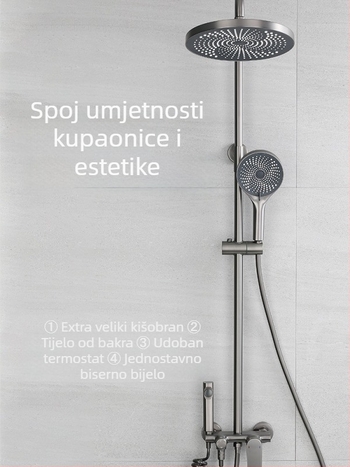 Bakreni set tuša s tlačnim gornjim mlazom i ručnim tušem, ugrađena instalacija