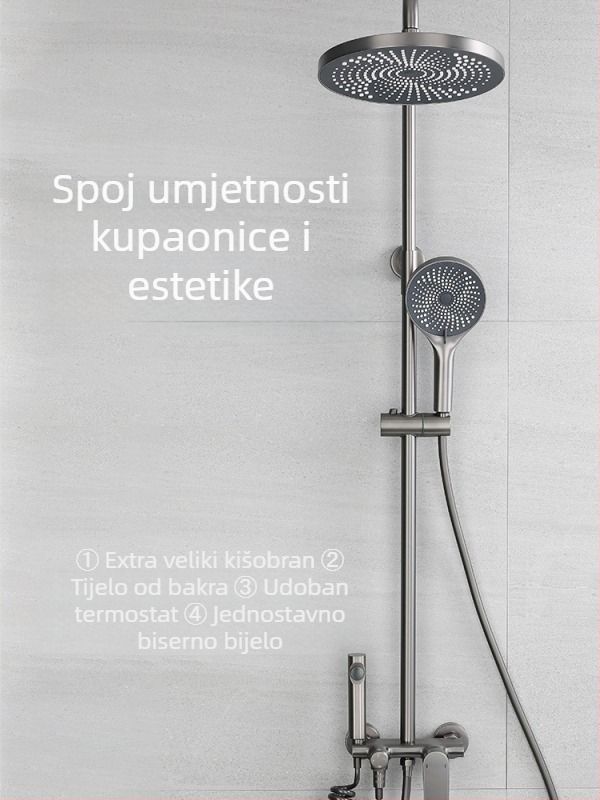 Bakreni set tuša s tlačnim gornjim mlazom i ručnim tušem, ugrađena instalacija