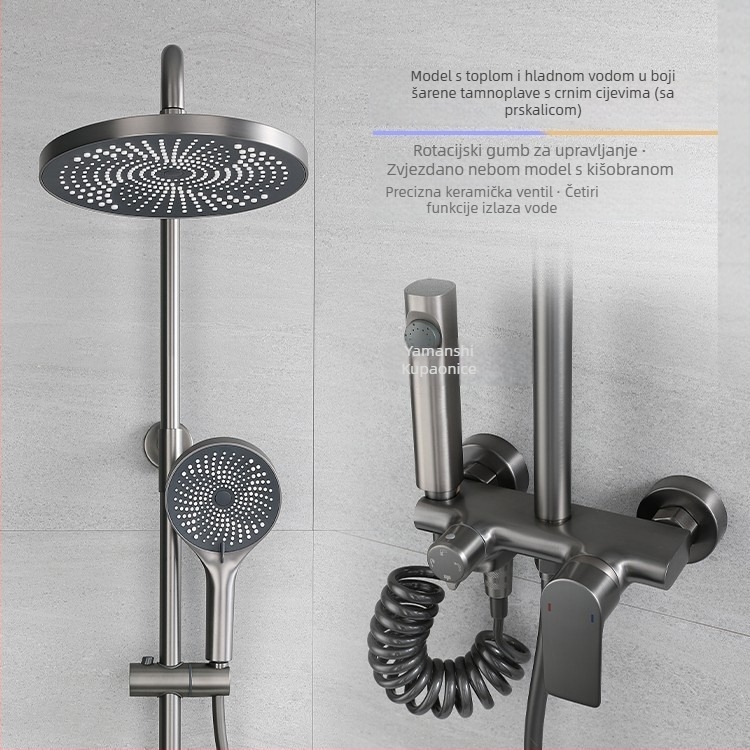 Bakreni set tuša s tlačnim gornjim mlazom i ručnim tušem, ugrađena instalacija