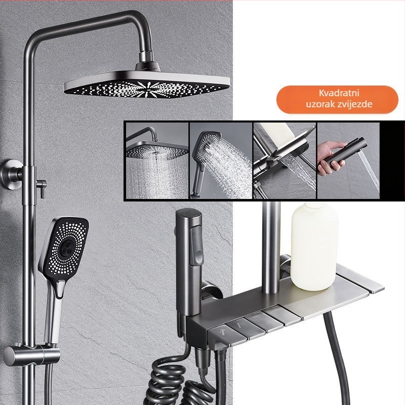 Tuš set od bakra, četverostruki protok raspršivanja s regulacijom temperature i funkcijom kiše, četvrtastog oblika, vakuumska prevlaka, model V1019, navojna ugradnja