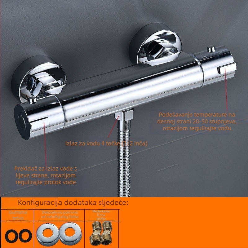 Termostatski tuš miješalica, skrivena ugradnja, bakreno tijelo, model ZC-831G, kromirani završetak, raspon 20–85°C