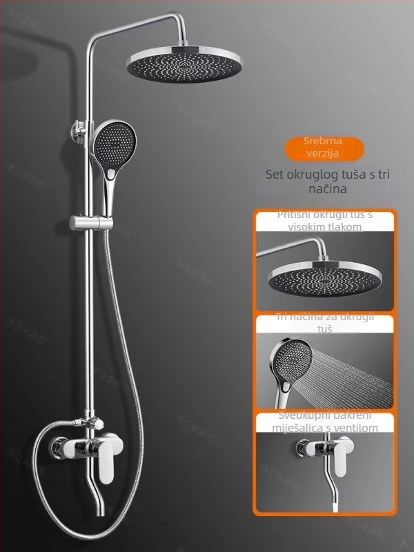 Bakarni tuš komplet – zidni, krom završna obrada, model 8002 – funkcije: raspršivanje, masaža, mjehurići, okretno, kišni tuš
