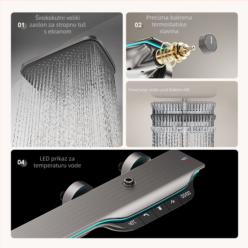 Ugradbeni bakreni tuš sustav s digitalnim zaslonom temperature i višefunkcionalnom tuš glavom (model 6988)