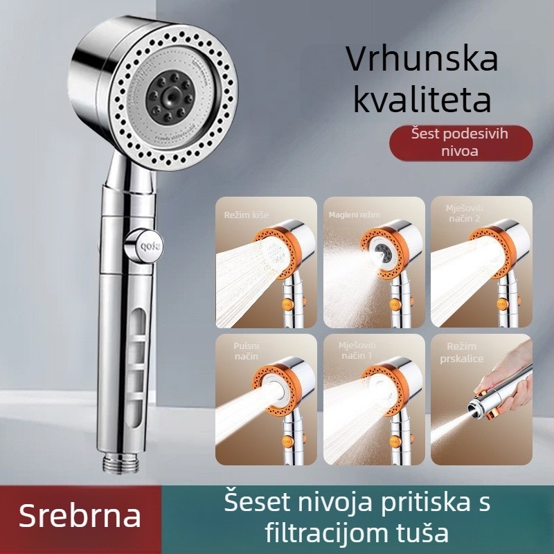 Pritiskom tuš set — funkcija raspršivanja i kiše, ABS tijelo, kromirani završetak, spiralni priključak, radna temperatura 0–95°C