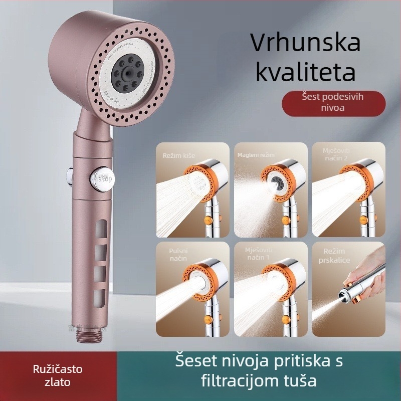Pritiskom tuš set — funkcija raspršivanja i kiše, ABS tijelo, kromirani završetak, spiralni priključak, radna temperatura 0–95°C