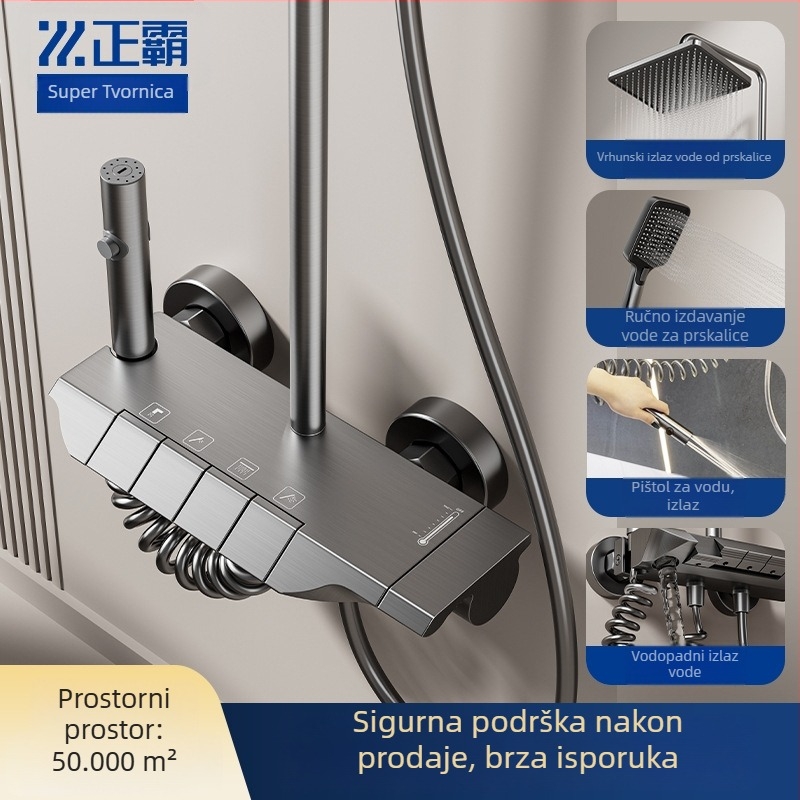 Tuš set kvadratnog gornjeg mlaza, od Space aluminija, skrivena termostatska glava, LED rasvjeta, podesiv protok, način kiše