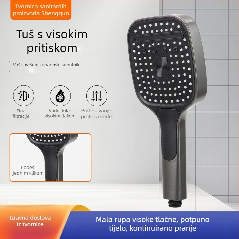 Set tuša pod tlakom s ručnim tušem i zidnim grijačem vode — ABS, kvadratna glava tuša, funkcije: raspršivanje, masaža, mjehurići, kiša, 0–90°C