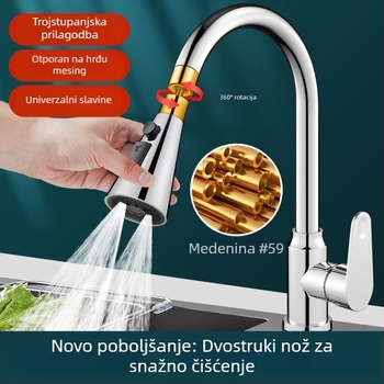 Bakrena kuhinjska slavina s produženim nastavkom, pojačivačem tlaka, univerzalnim okretno-spojem i mlazom za pranje posuđa