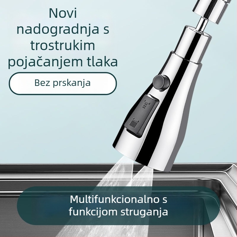 Bakrena kuhinjska slavina s produženim nastavkom, pojačivačem tlaka, univerzalnim okretno-spojem i mlazom za pranje posuđa