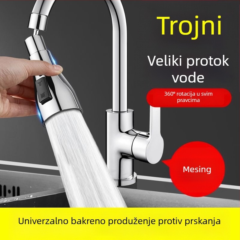 Bakrena kuhinjska slavina s produženim nastavkom, pojačivačem tlaka, univerzalnim okretno-spojem i mlazom za pranje posuđa
