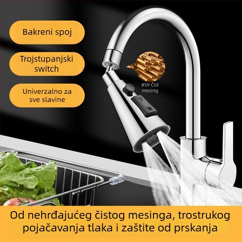 Bakrena kuhinjska slavina s produženim nastavkom, pojačivačem tlaka, univerzalnim okretno-spojem i mlazom za pranje posuđa