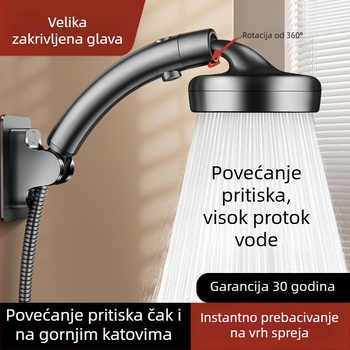 Podešavajuća tuš glavica s pregibom – kišni režim, protiv taloženja, regulacija tlaka, 360° rotacija, ABS, zidni nosač, okrugli oblik