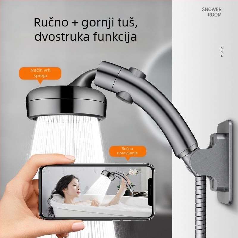 Podešavajuća tuš glavica s pregibom – kišni režim, protiv taloženja, regulacija tlaka, 360° rotacija, ABS, zidni nosač, okrugli oblik
