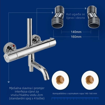Okrugli termostatski set za tuširanje, ugrađena instalacija, bakreni materijal, krom završna obrada, gornji tuš