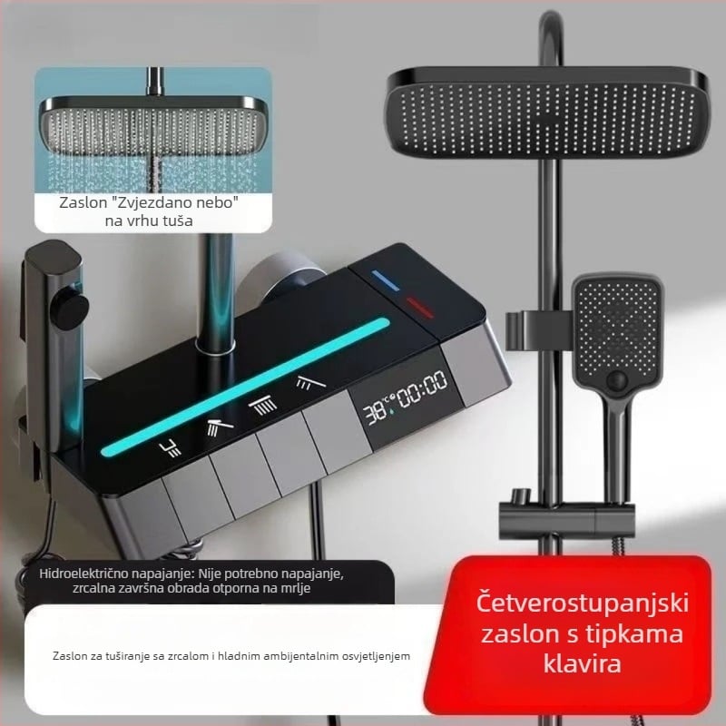 Set tuša od mesinga s konstantnom temperaturom, grafitno-sivo završno obrađeno, LED ambijentalno svjetlo, kontrola temperature, topla i hladna voda, skrivena ugradnja.