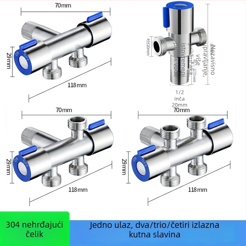 Distribucija vode od nehrđajućeg čelika 304, 1 ulaz, 2 izlaza, model 304 višenamjenski, keramički disk ventil