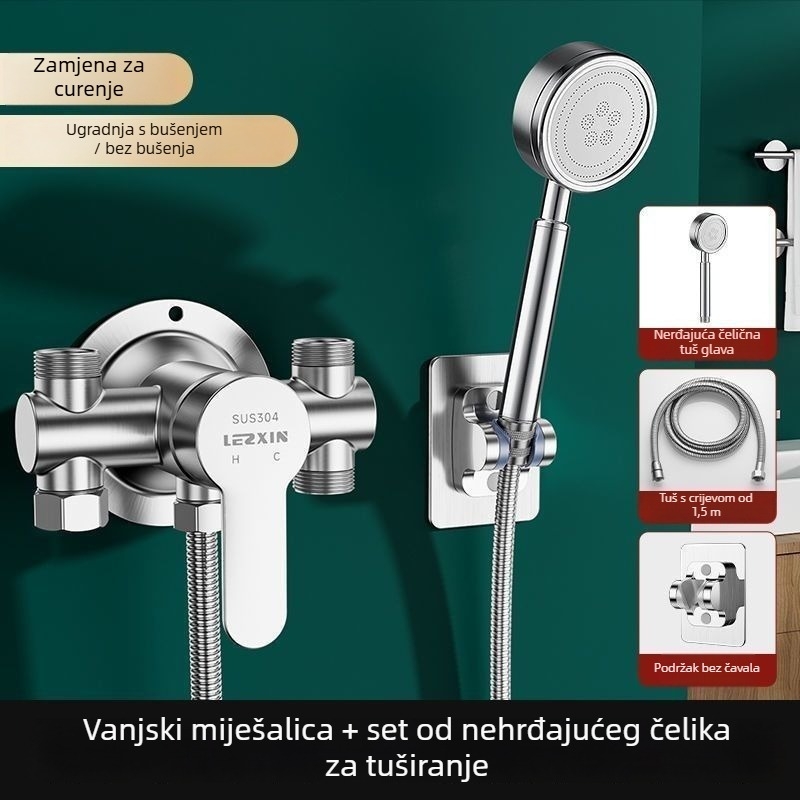 Nerđajući čelični set za tuš s vanjskom instalacijom, električni vodovodni miješalica, keramički disk ventil, kromirani završni sloj, CE certifikat