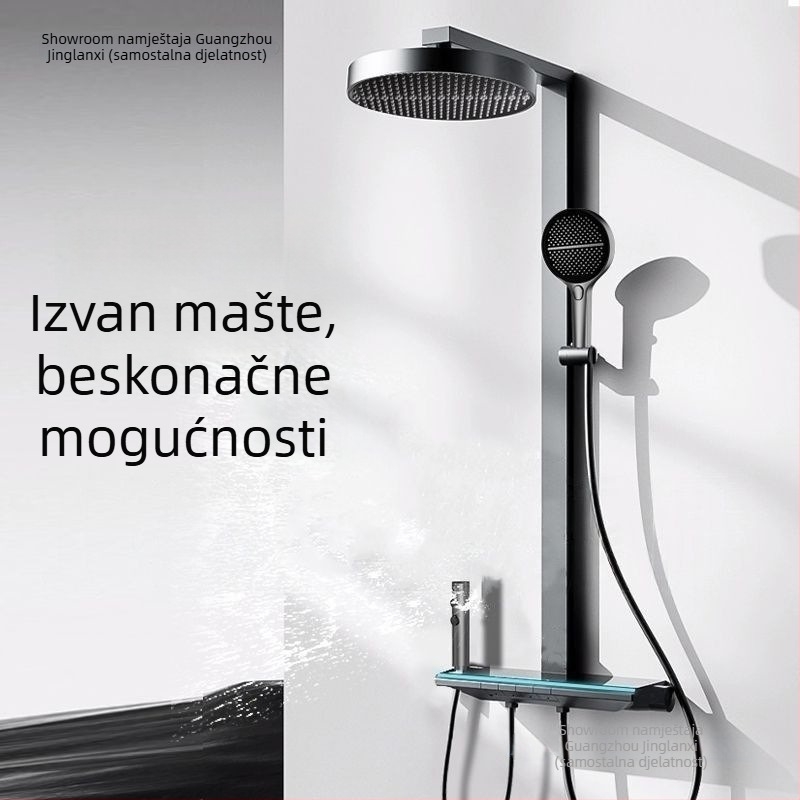 Ugradna četverokutna tuš glava od 304 nehrđajućeg čelika, rotirajuća, s podesivim postavkama i pojačanjem tlaka, digitalni prikaz konstantne temperature, moderni minimalistički stil