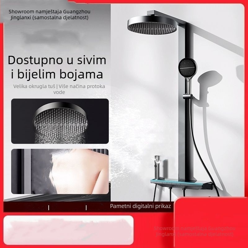Ugradna četverokutna tuš glava od 304 nehrđajućeg čelika, rotirajuća, s podesivim postavkama i pojačanjem tlaka, digitalni prikaz konstantne temperature, moderni minimalistički stil