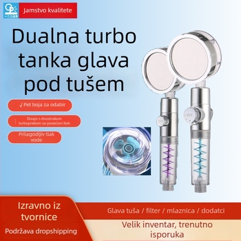 Ručna tuš glava s dvostrukom turbom, filtracijom vode uz negativne ione, ABS materijal, montaža na zid ili vakuumska čašica