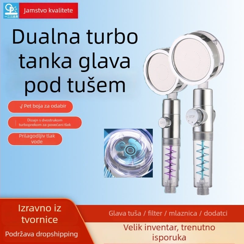 Ručna tuš glava s dvostrukom turbom, filtracijom vode uz negativne ione, ABS materijal, montaža na zid ili vakuumska čašica