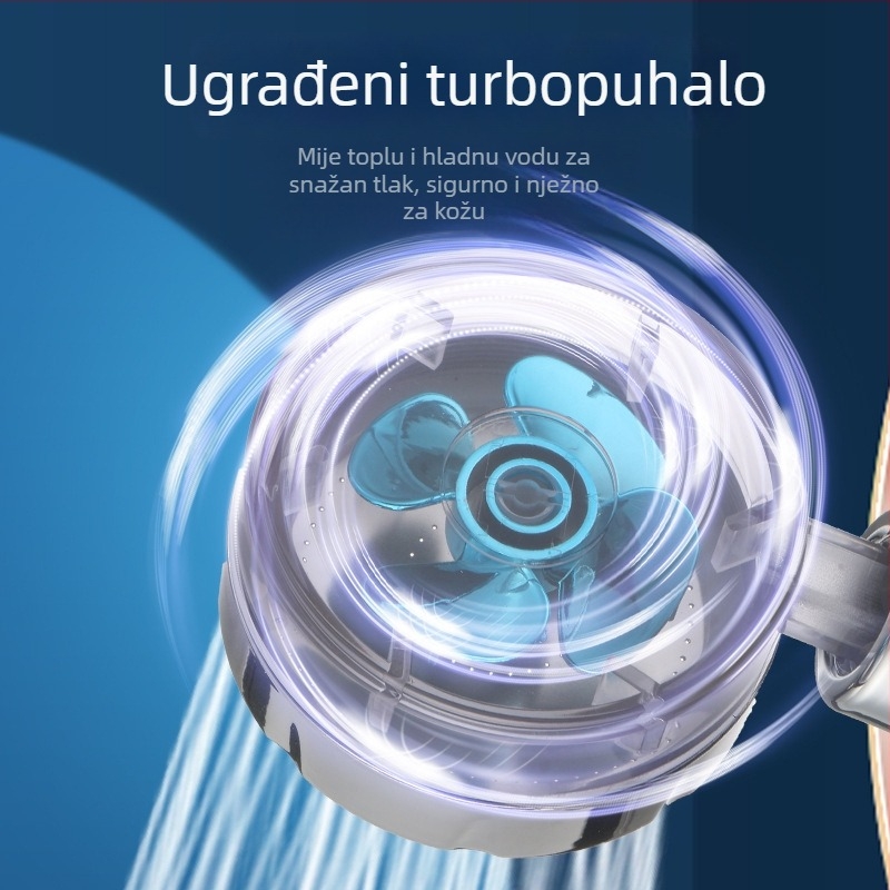 Ručna tuš glava s dvostrukom turbom, filtracijom vode uz negativne ione, ABS materijal, montaža na zid ili vakuumska čašica