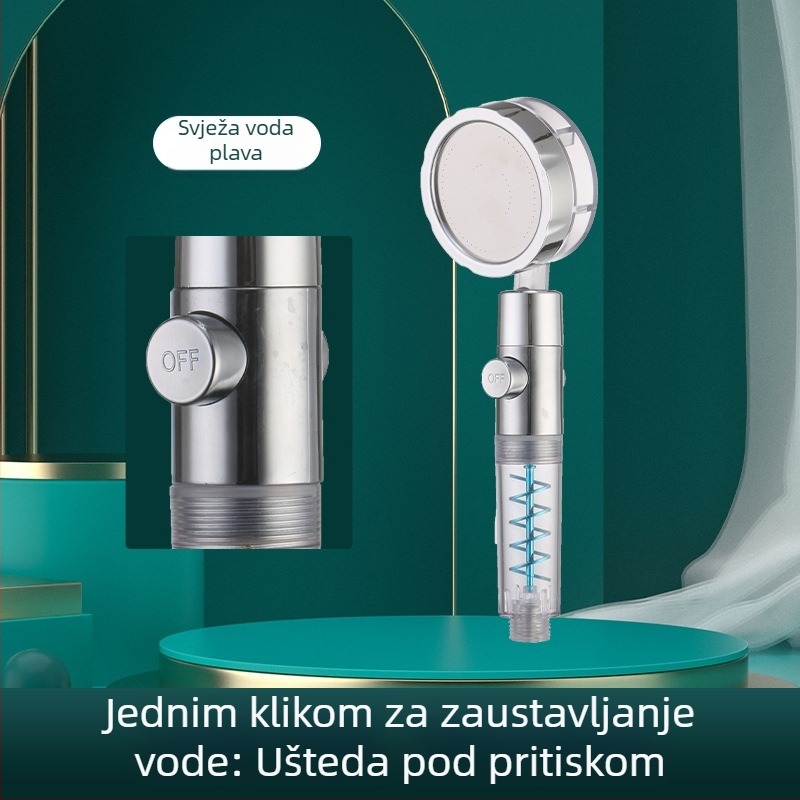 Ručna tuš glava s dvostrukom turbom, filtracijom vode uz negativne ione, ABS materijal, montaža na zid ili vakuumska čašica