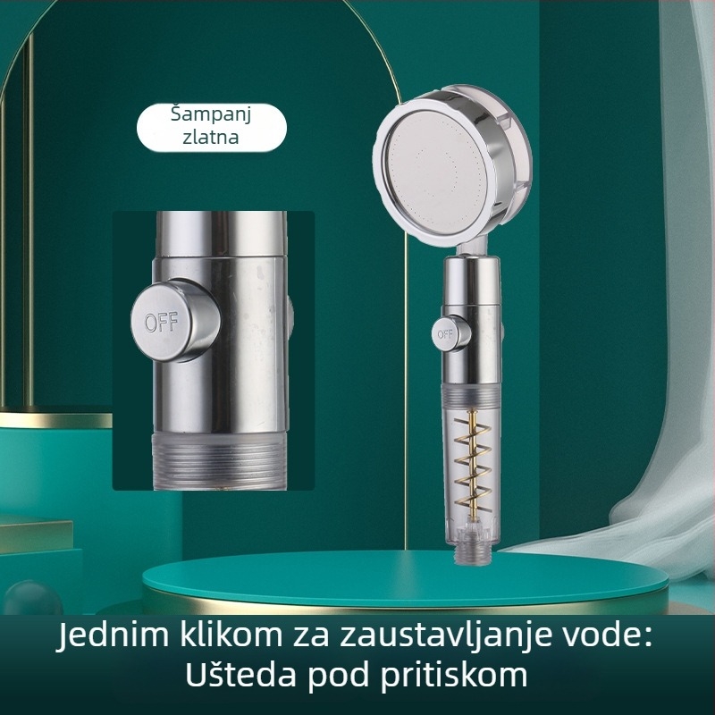 Ručna tuš glava s dvostrukom turbom, filtracijom vode uz negativne ione, ABS materijal, montaža na zid ili vakuumska čašica