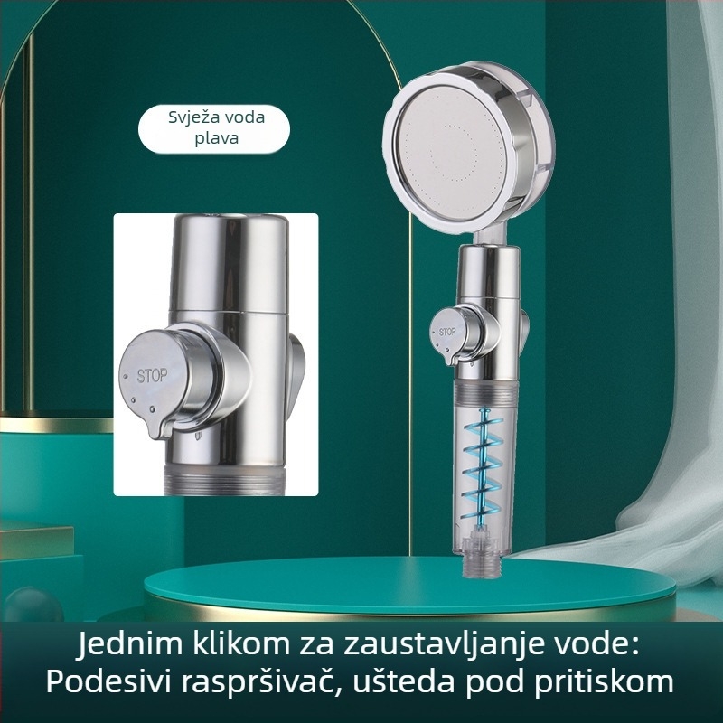 Ručna tuš glava s dvostrukom turbom, filtracijom vode uz negativne ione, ABS materijal, montaža na zid ili vakuumska čašica
