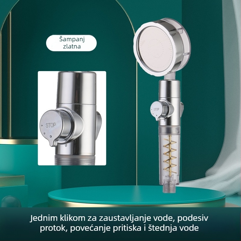 Ručna tuš glava s dvostrukom turbom, filtracijom vode uz negativne ione, ABS materijal, montaža na zid ili vakuumska čašica