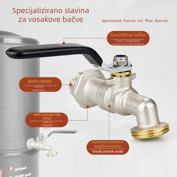 Bakreni vodovodni ventil za posudu za vosak, model Wax Bucket Water Tap, 1,6 MPa, 100°C, ručna ugradnja, otvaranje ključem