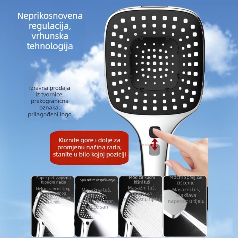 Tuš set pod pritiskom s ABS kvadratnom glavom, zidna montaža, funkcije raspršivanje, masaža, kiša, moderni minimalistički stil, 5–80°C, tlak 1.0–6 kg