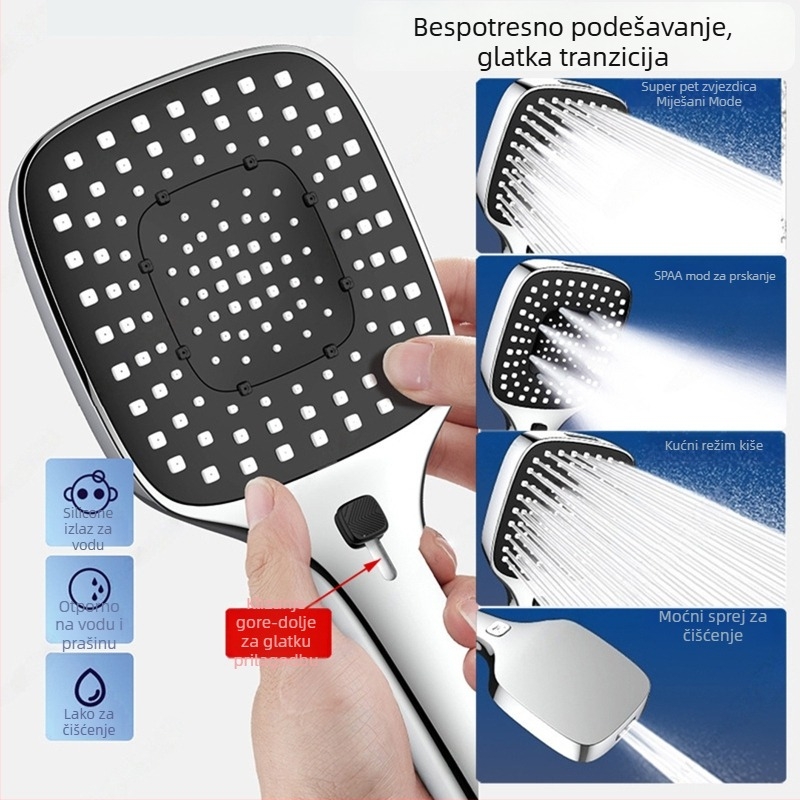 Tuš set pod pritiskom s ABS kvadratnom glavom, zidna montaža, funkcije raspršivanje, masaža, kiša, moderni minimalistički stil, 5–80°C, tlak 1.0–6 kg