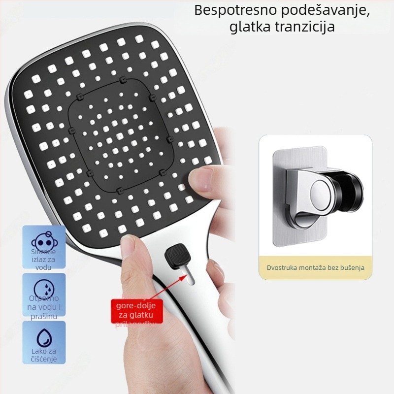 Tuš set pod pritiskom s ABS kvadratnom glavom, zidna montaža, funkcije raspršivanje, masaža, kiša, moderni minimalistički stil, 5–80°C, tlak 1.0–6 kg