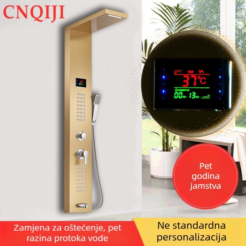 Set tuš ploče s brušenim titanom završetkom, 304 nehrđajući čelik, pet načina protoka vode, gornji tuš, moderni minimalistički stil, montaža na površinu ili na zid