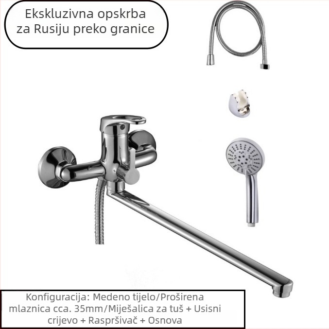 Set slavina za kadu s ručnim tušem, cinkova legura, ugradnja u zid, otvor s podizanjem, trostruka konstrukcija, moderni minimalistički stil