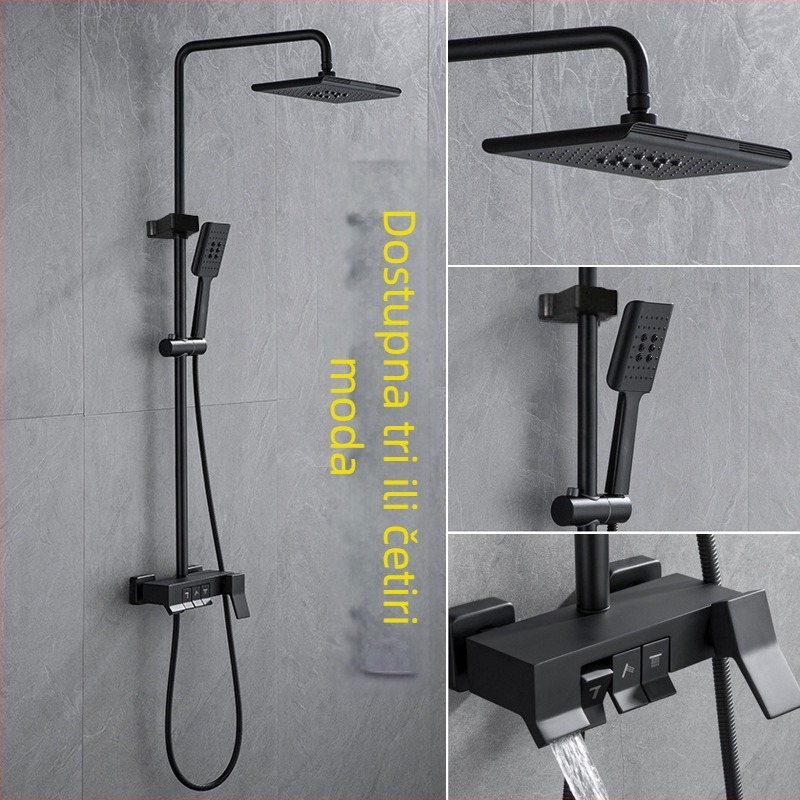 Bakreni tuš set s regulacijom temperature, kiša i raspršivanje, načini 3/4, ugradbeni montaža, četvrtaste glave tuša