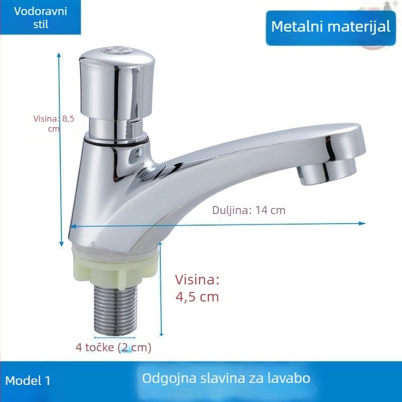 Slavina za umivaonik od cinkove legure, tip pritiska i kašnjenja, automatsko zatvaranje, samo hladna voda, keramički disk ventila, elektroplatiranje