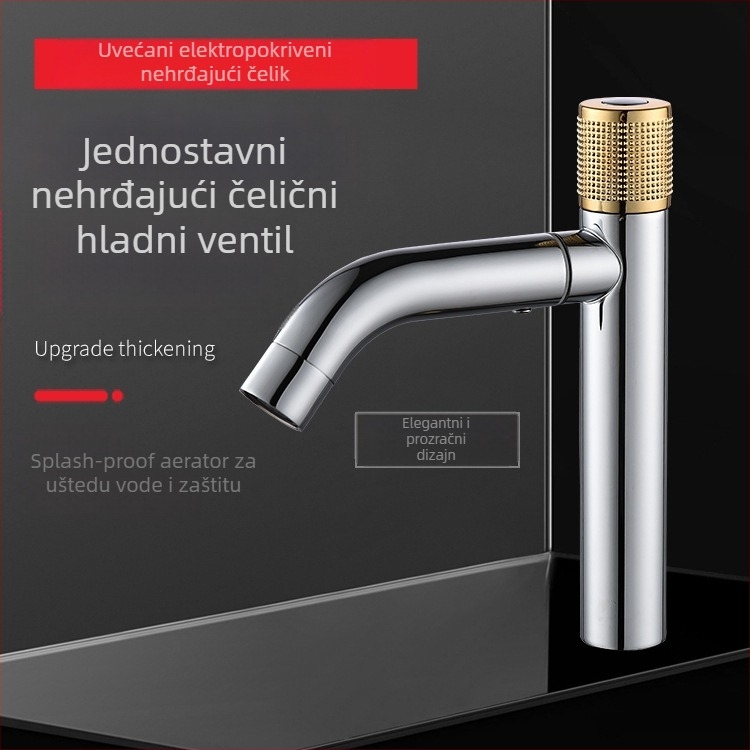 Nehrđajući čelični slavina za umivaonik, samo hladna voda, montaža s jednim otvorom, brzo otvaranje; model dz82155; promjer sjedalice 32 mm; miješajući ventil; uspravna montaža