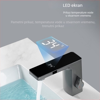 Senzorski slavina za umivaonik s dvostrukim režimom protoka i digitalnim prikazom temperature; tijelo od cinkove legure, keramički disk, model 1810, elektroplating završna obrada