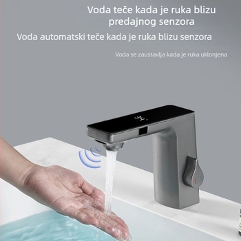 Senzorski slavina za umivaonik s dvostrukim režimom protoka i digitalnim prikazom temperature; tijelo od cinkove legure, keramički disk, model 1810, elektroplating završna obrada