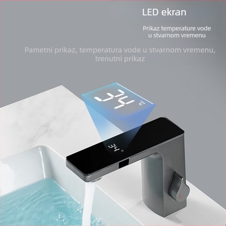 Senzorski slavina za umivaonik s dvostrukim režimom protoka i digitalnim prikazom temperature; tijelo od cinkove legure, keramički disk, model 1810, elektroplating završna obrada